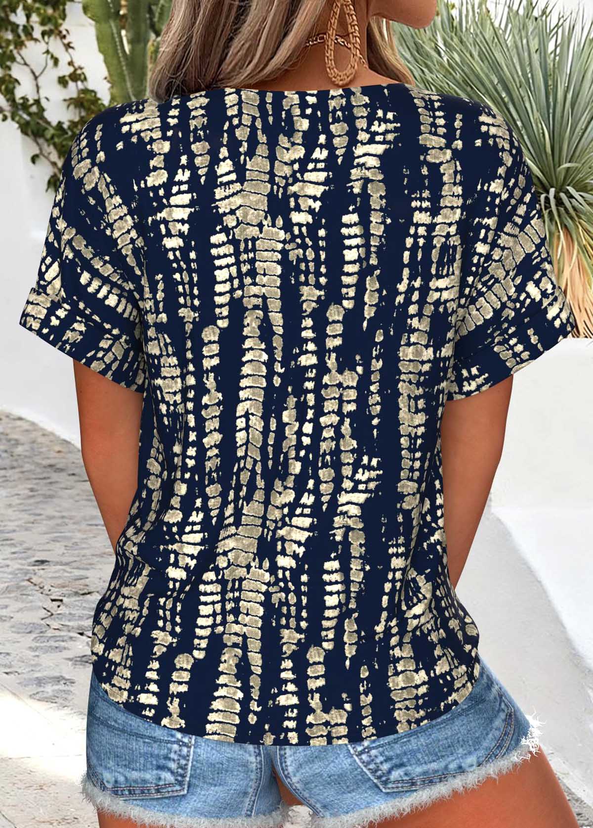 Navy Tummy Coverage Geometric Print Short Sleeve Blouse | picture 