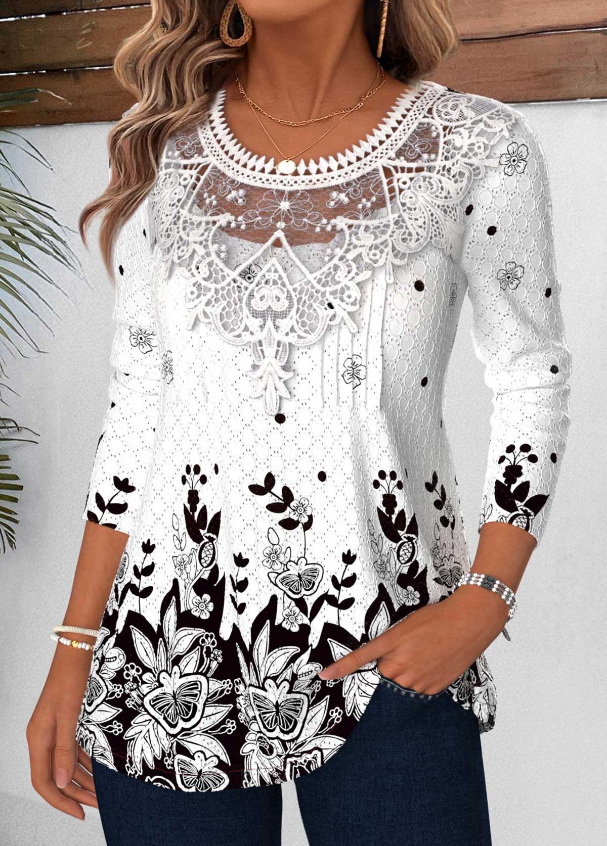 White Tummy Coverage Floral Print Long Sleeve T Shirt | picture 