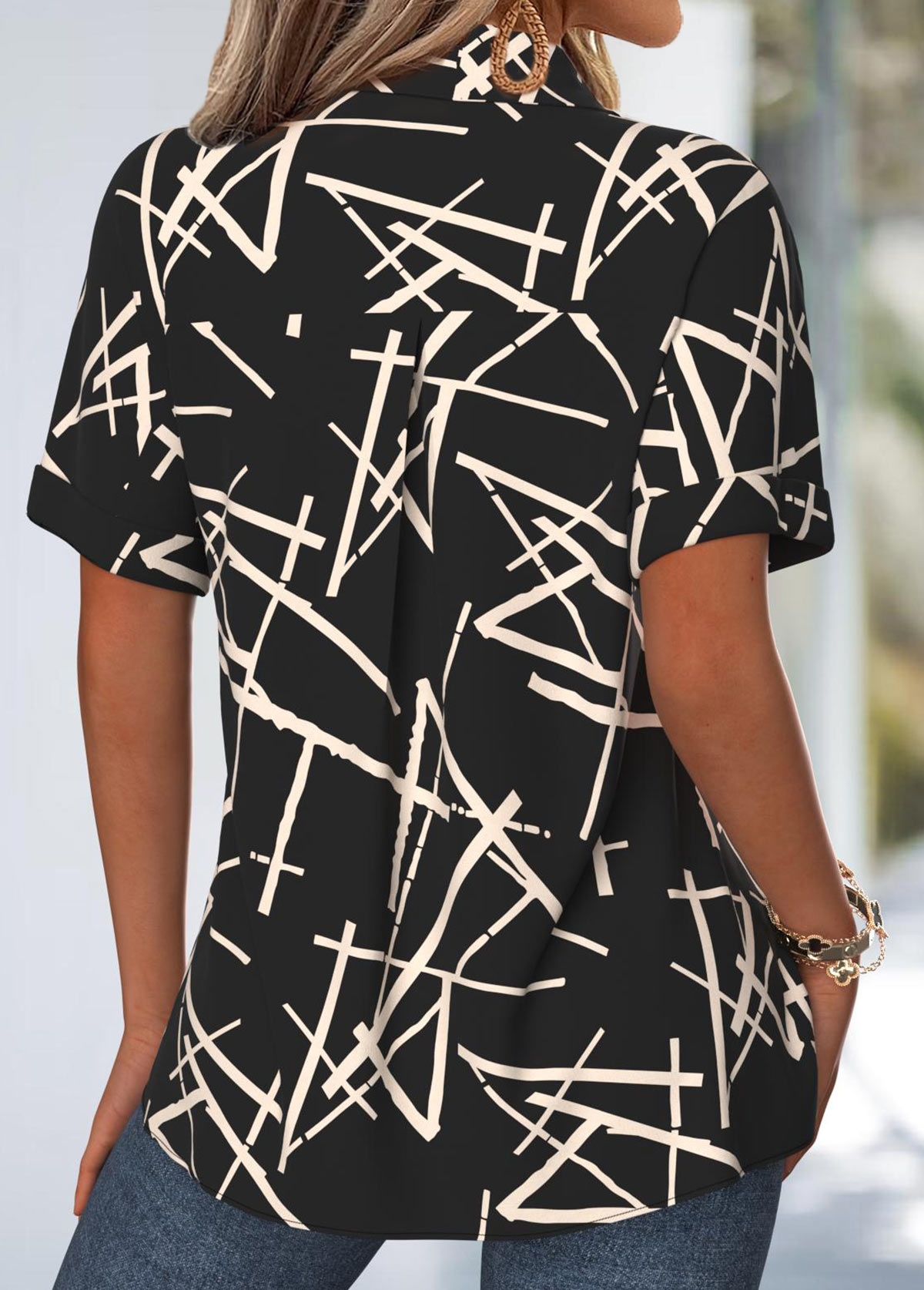 Black Tummy Coverage Geometric Print Short Sleeve Shirt | picture 