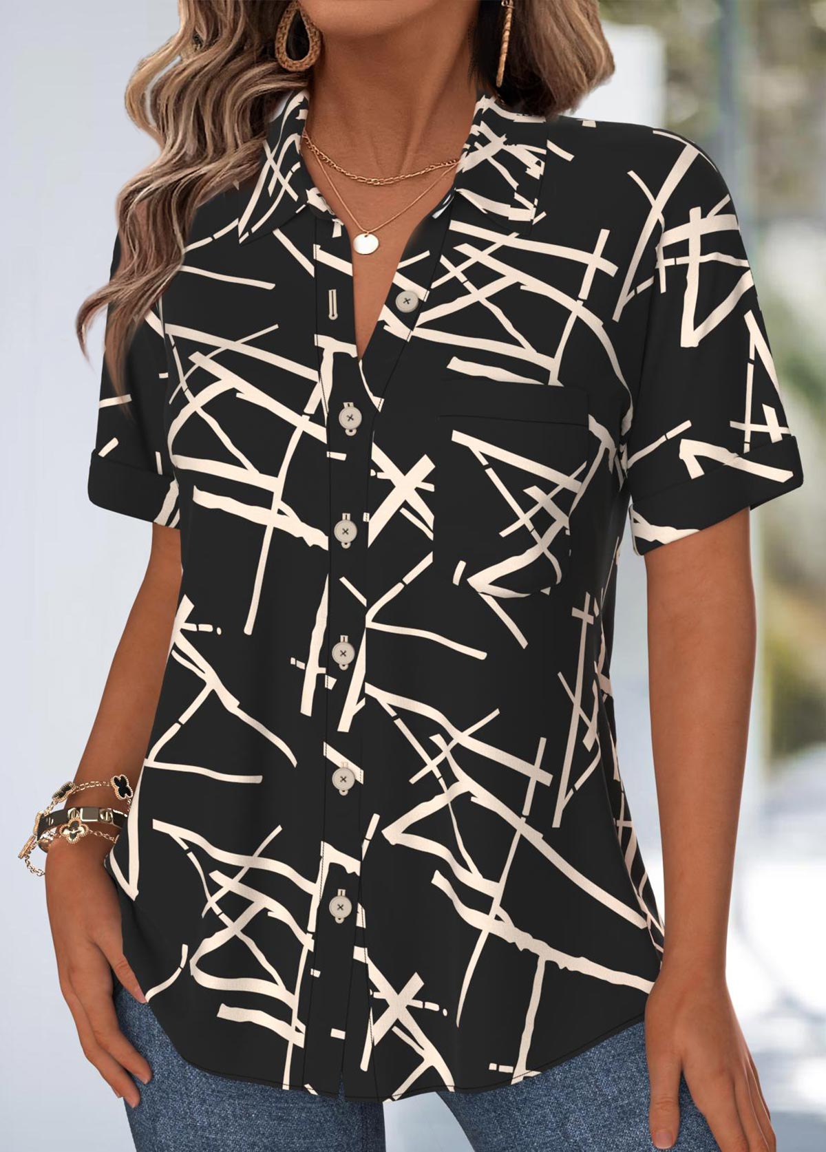 Black Tummy Coverage Geometric Print Short Sleeve Shirt | picture 