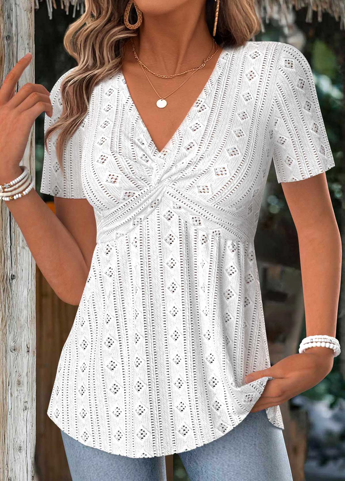 White Tummy Coverage Short Sleeve V Neck T Shirt | picture 