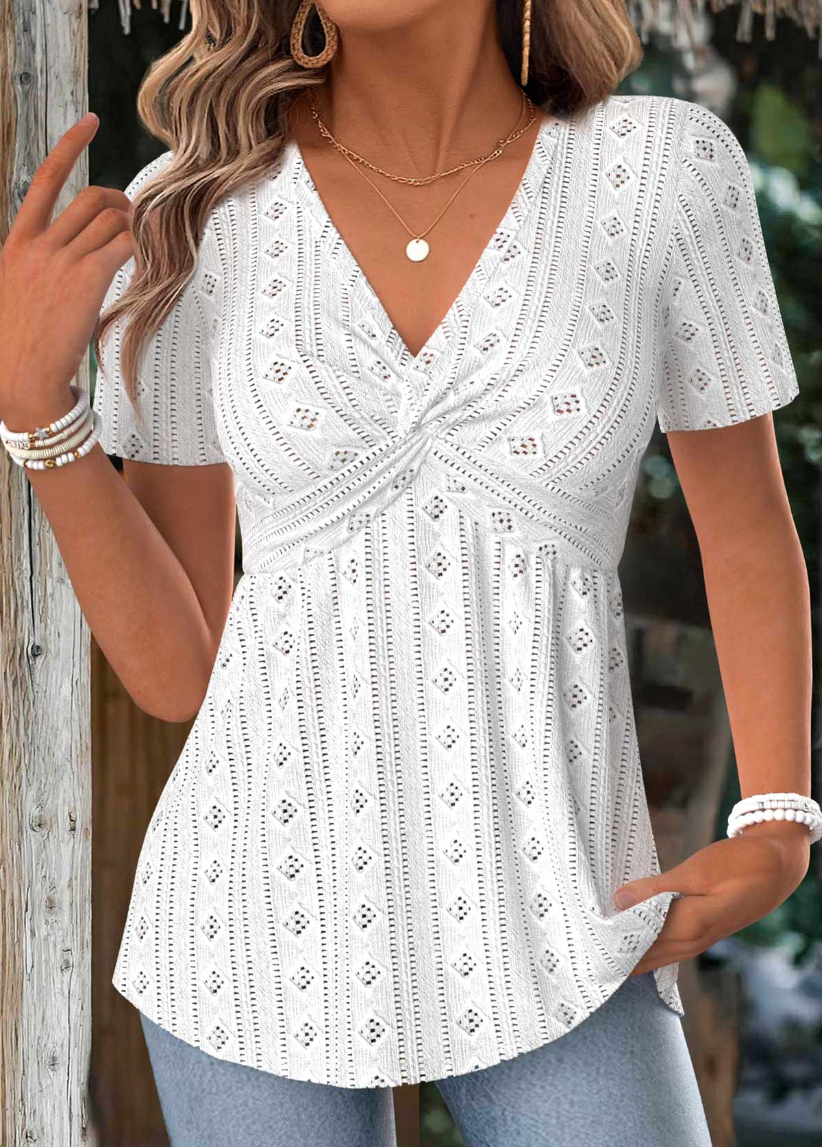 White Tummy Coverage Short Sleeve V Neck T Shirt | picture 