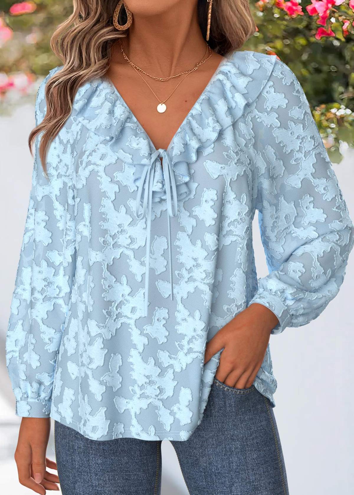 Light Blue Tummy Coverage Long Sleeve V Neck Blouse | picture 