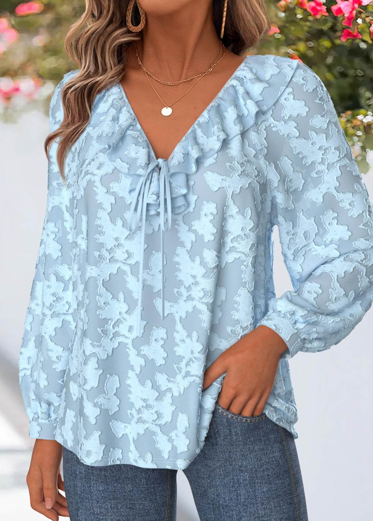 Light Blue Tummy Coverage Long Sleeve V Neck Blouse | picture 