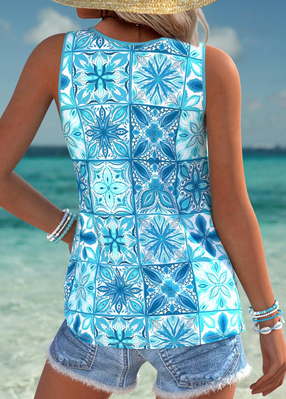 Light Blue Tummy Coverage Tribal Print Sleeveless Tank Top | picture 