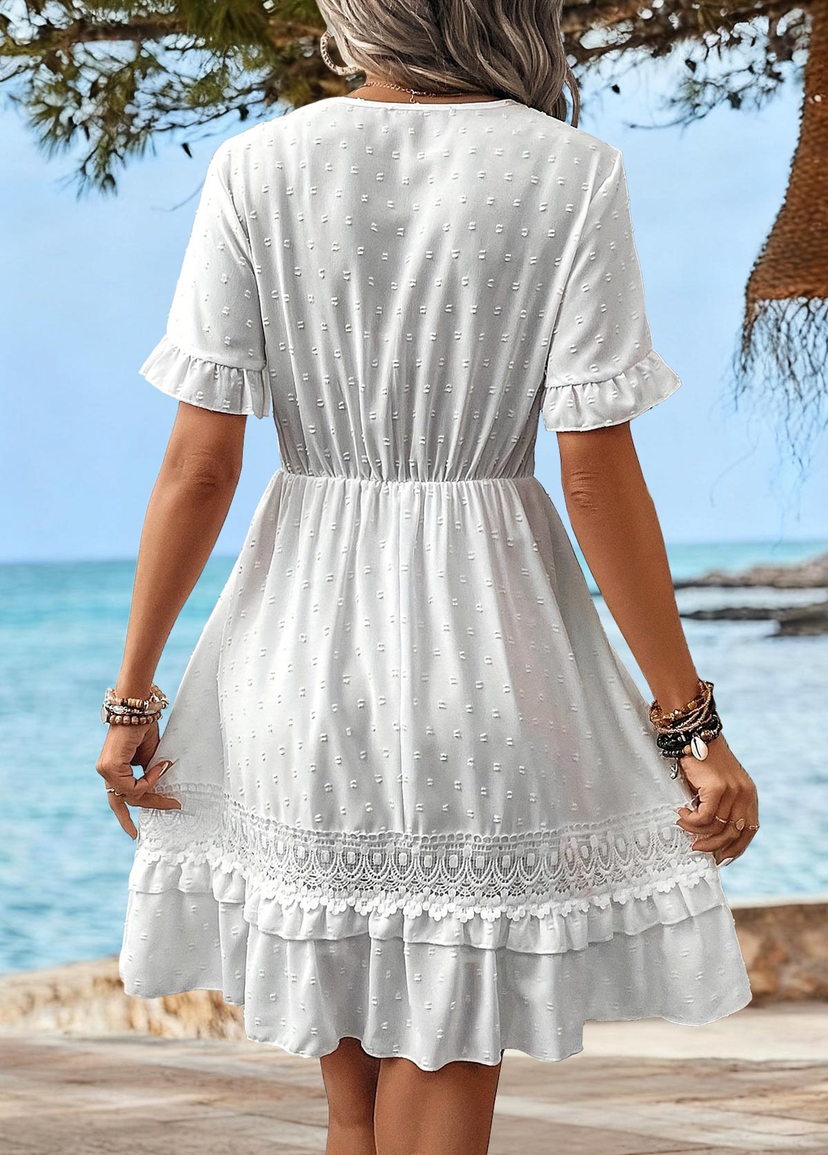 White Tummy Coverage Short Sleeve V Neck Dress | picture 