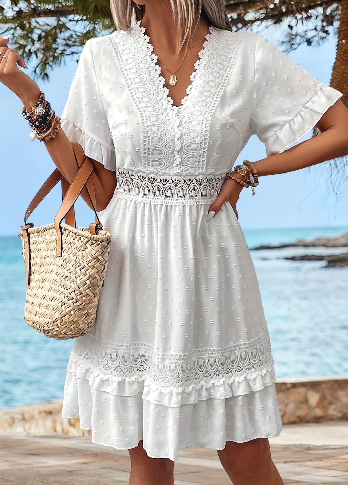 White Tummy Coverage Short Sleeve V Neck Dress | picture 