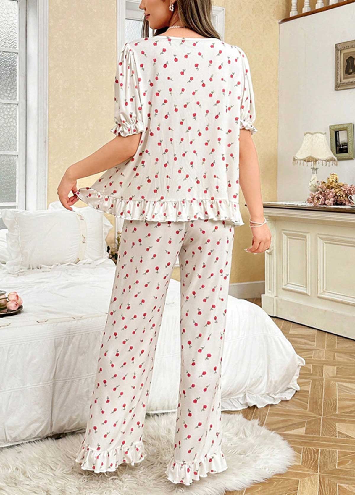 Beige Ditsy Floral Print Lounge Top and Pants | picture 