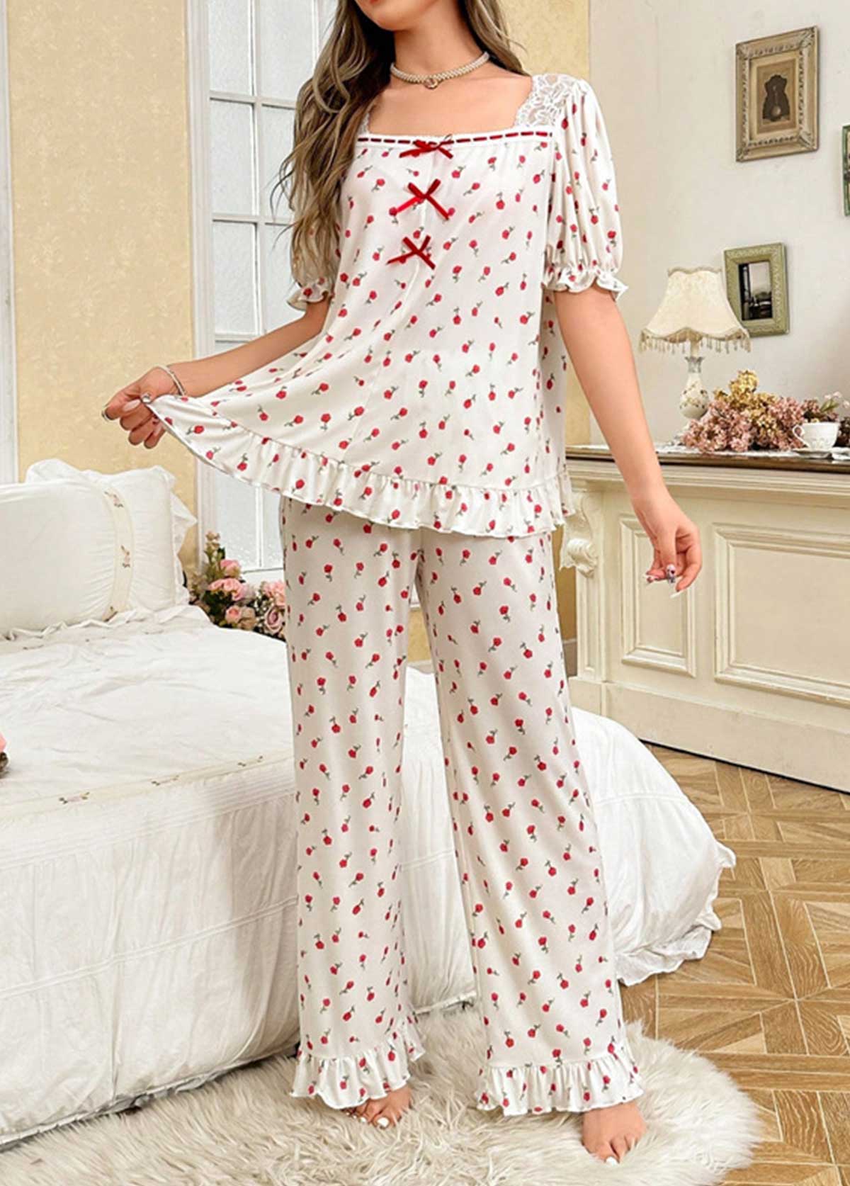 Beige Ditsy Floral Print Lounge Top and Pants | picture 