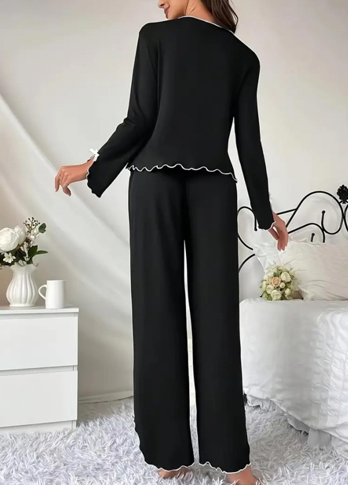 Black Long Sleeve Scoop Neck Lounge Top and Pants | picture 