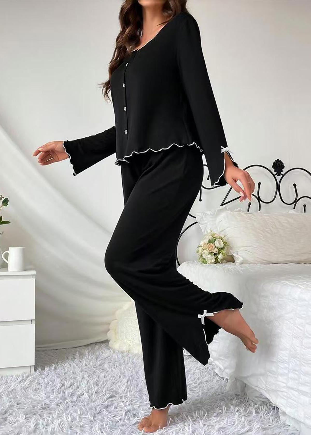 Black Long Sleeve Scoop Neck Lounge Top and Pants | picture 