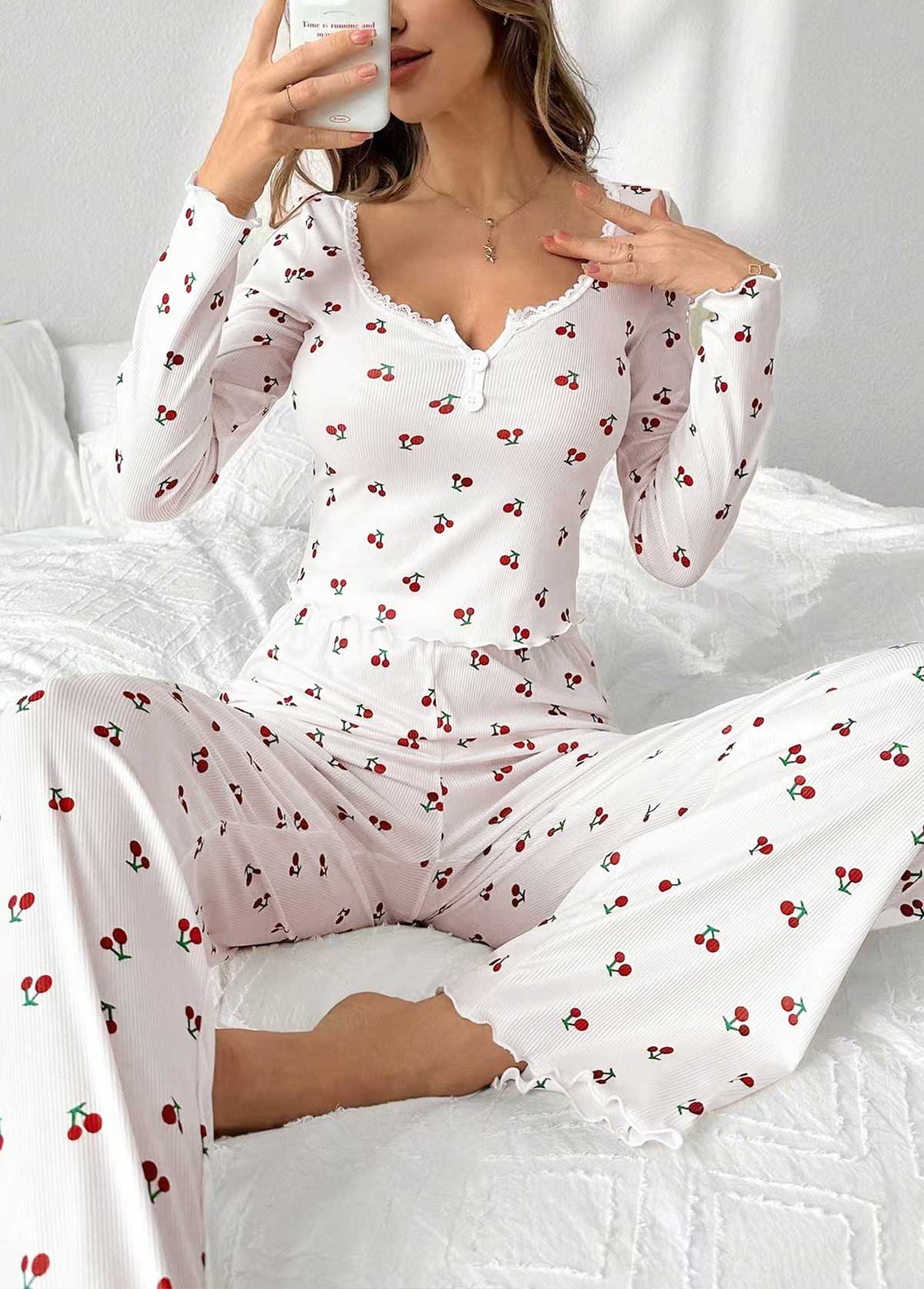 White Ditsy Floral Print Lounge Top and Pants | picture 