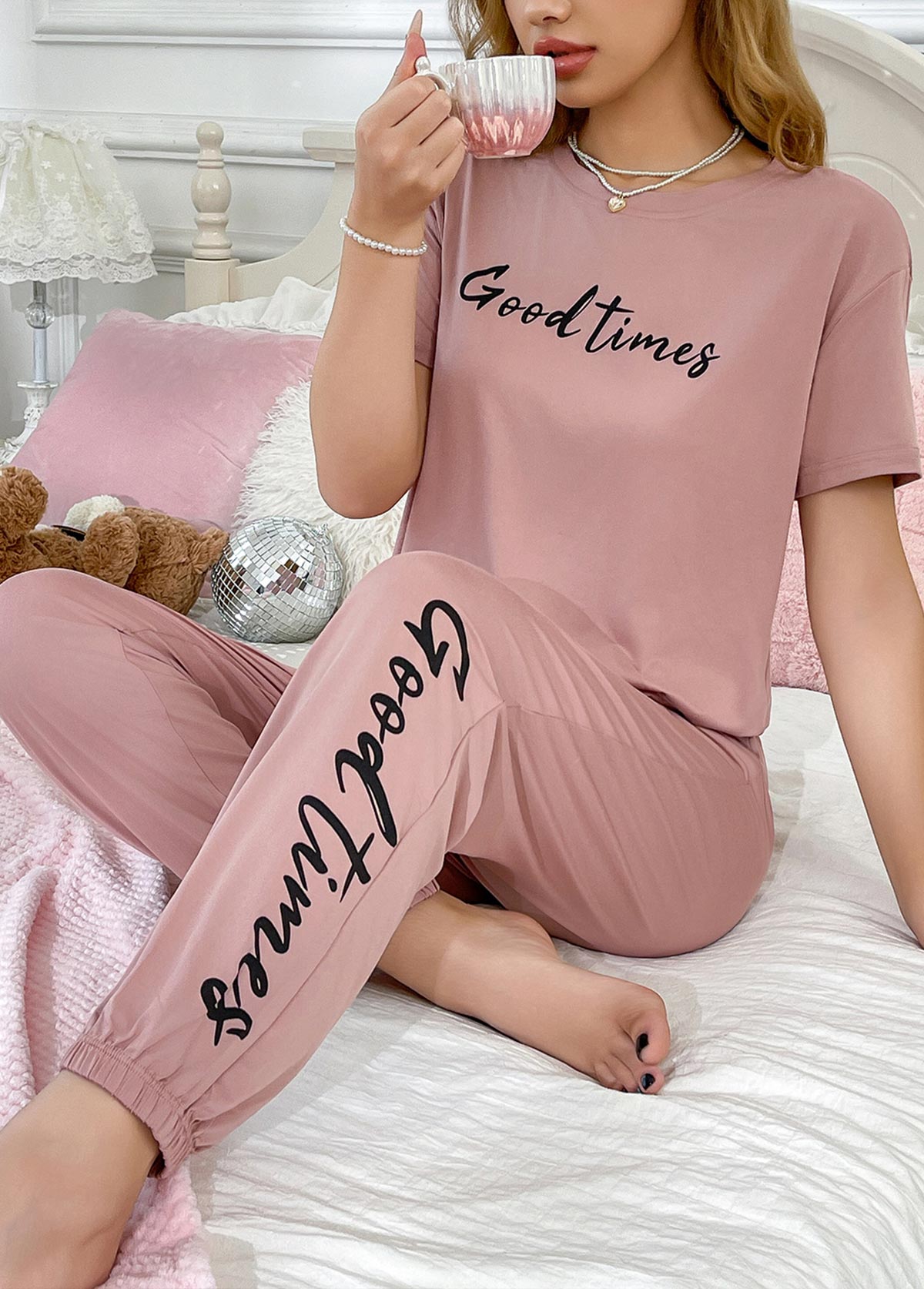 Pink Letter Print Short Sleeve Lounge Top and Pants | picture 