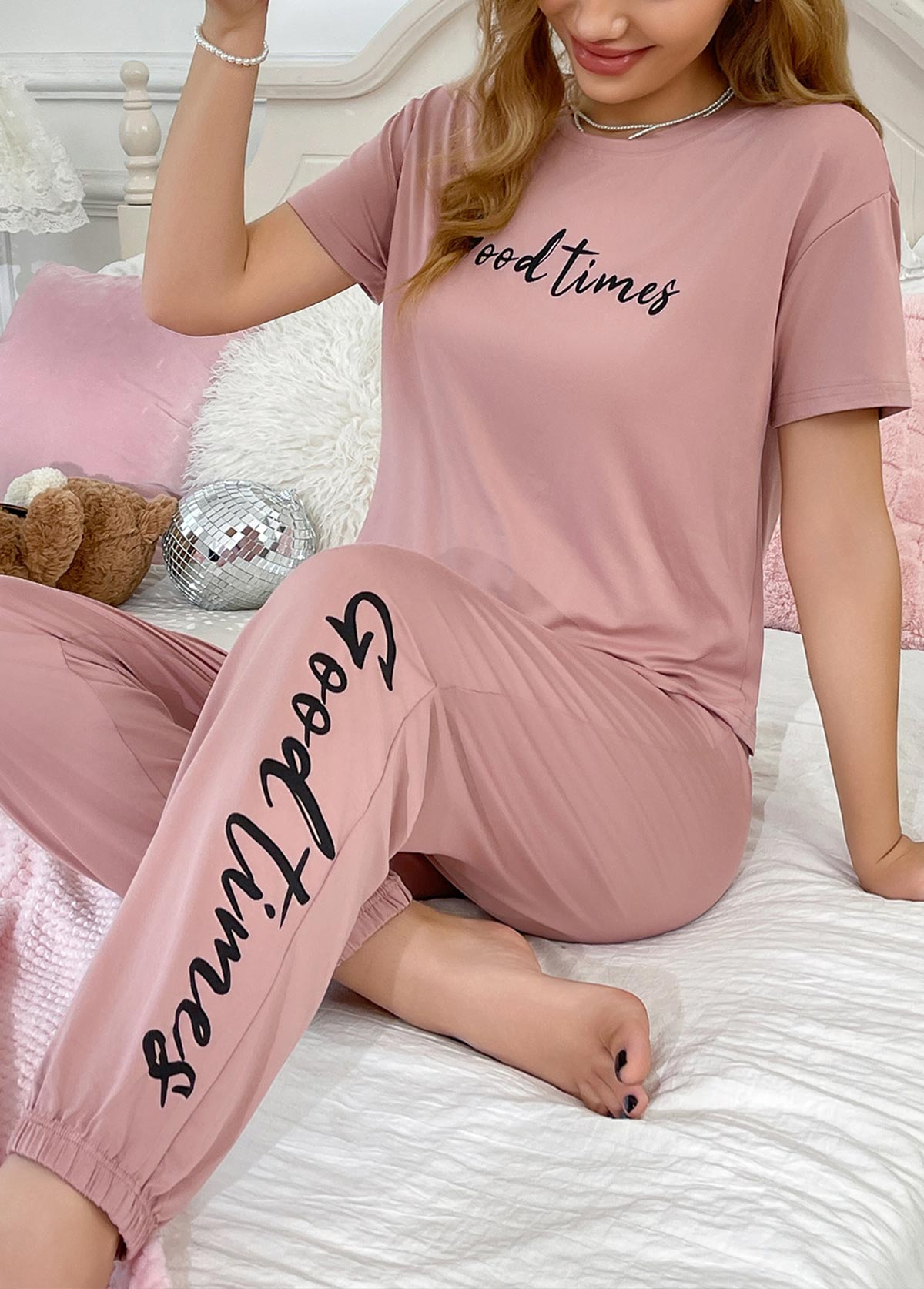 Pink Letter Print Short Sleeve Lounge Top and Pants | picture 