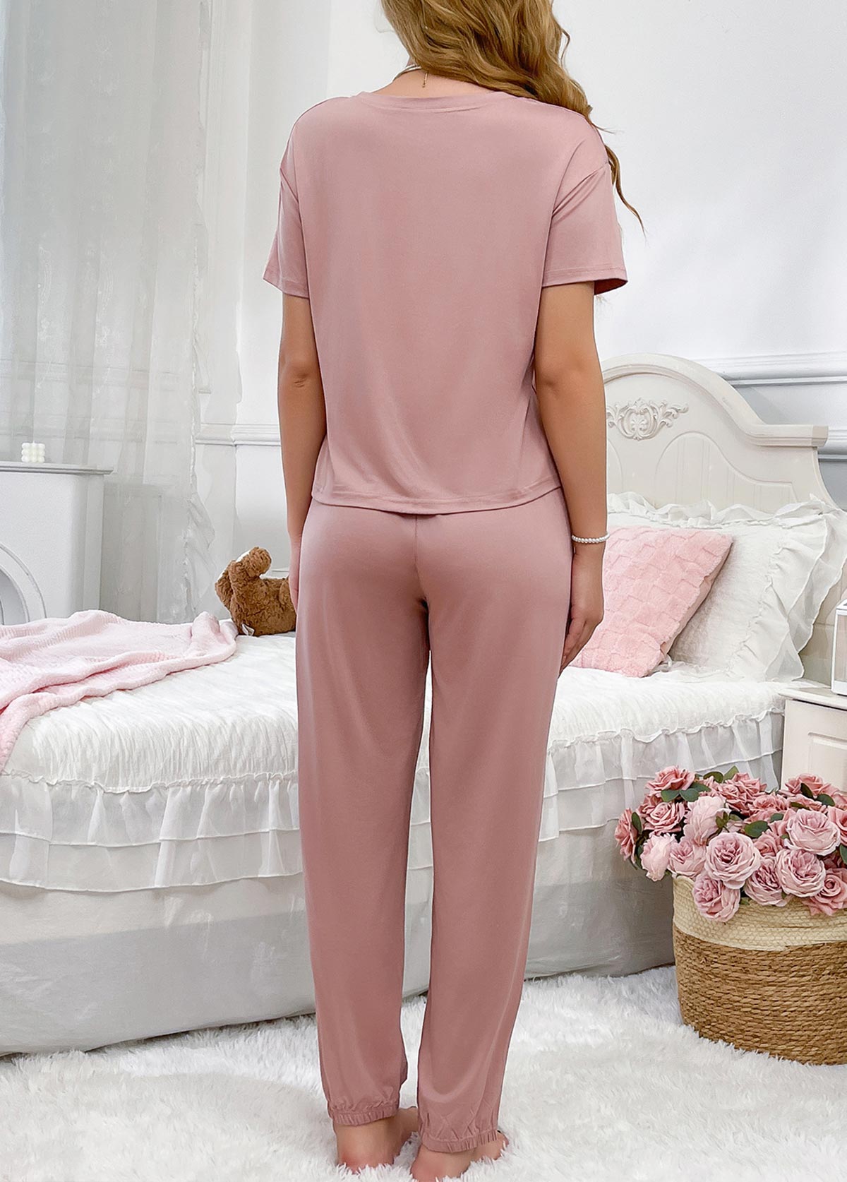 Pink Letter Print Short Sleeve Lounge Top and Pants | picture 