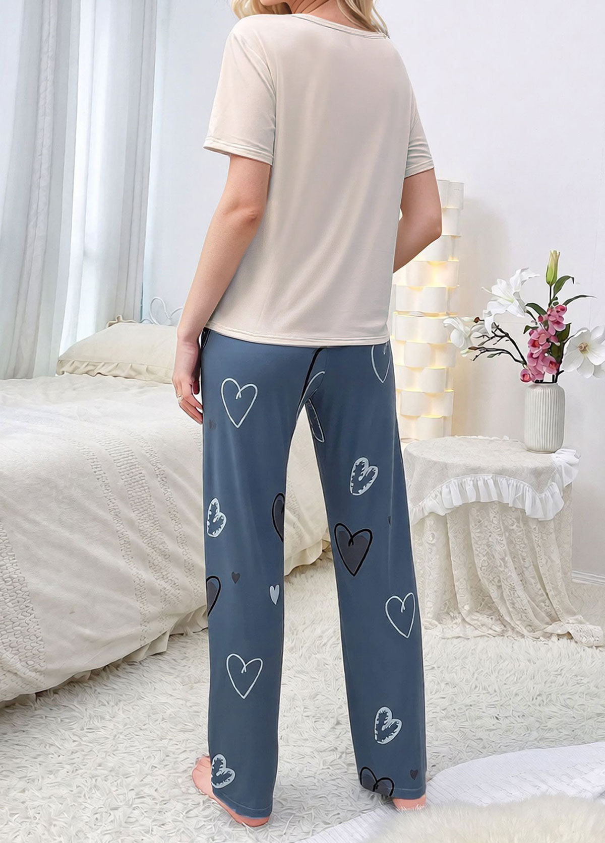 Dusty Blue Heart Print Lounge Top and Pants | picture 
