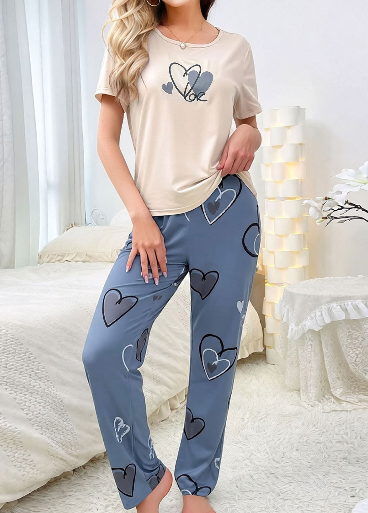 Dusty Blue Heart Print Lounge Top and Pants | picture 