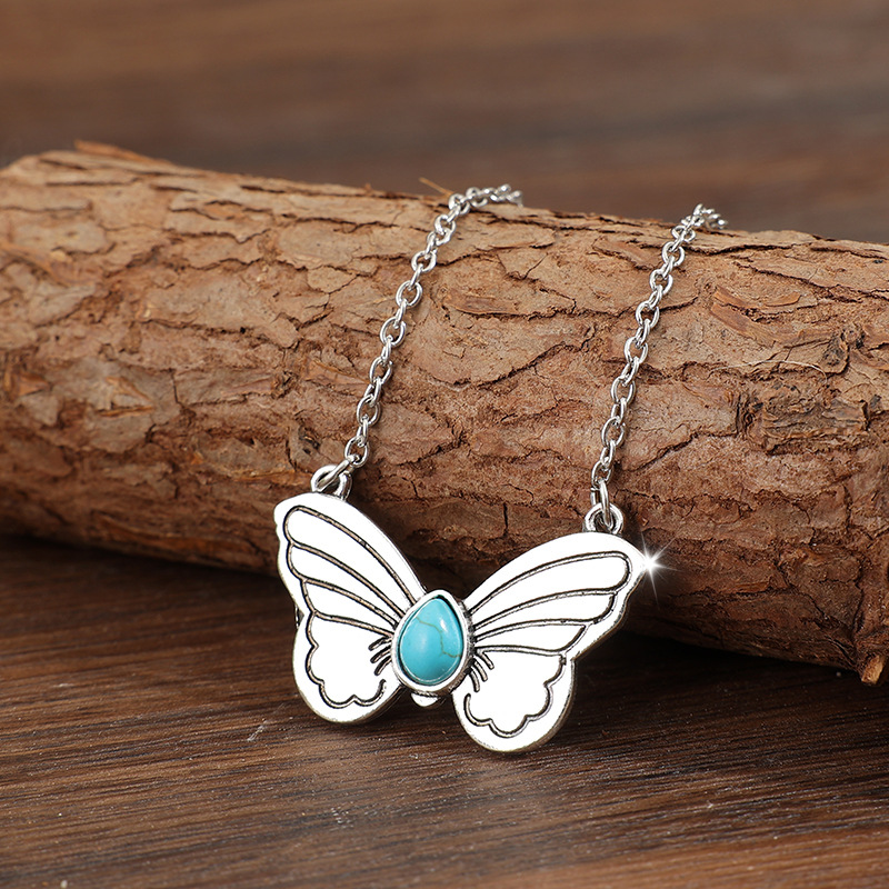Silver Butterfly Turquoise Design Alloy Necklace | picture 