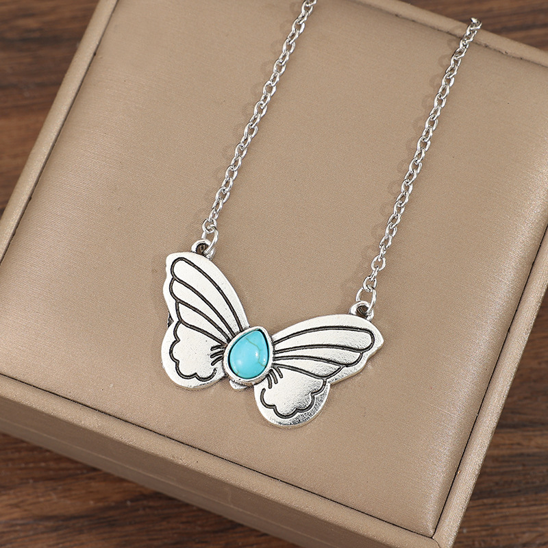 Silver Butterfly Turquoise Design Alloy Necklace | picture 