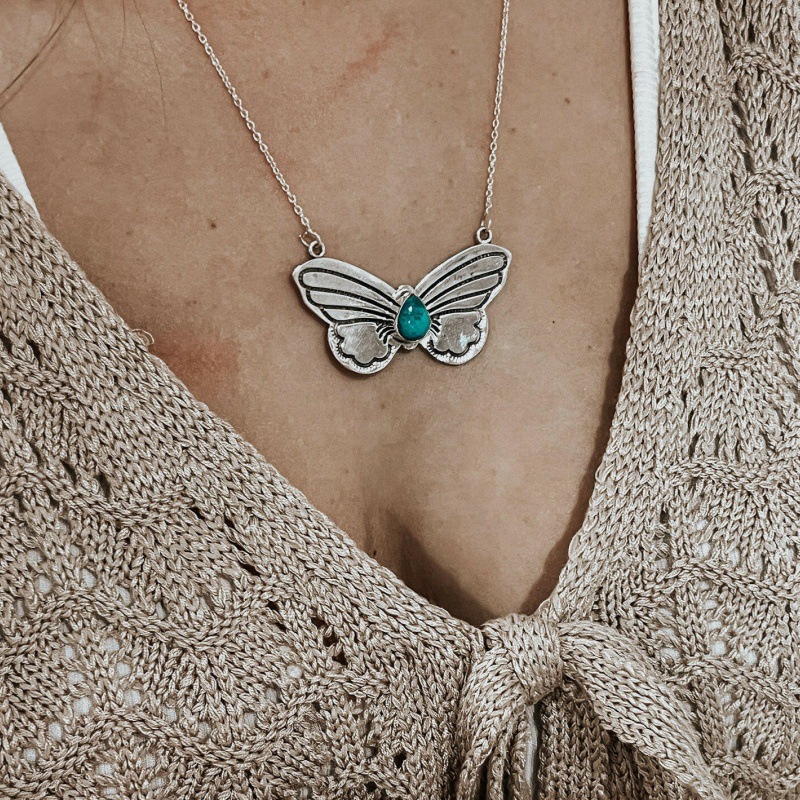 Silver Butterfly Turquoise Design Alloy Necklace | picture 