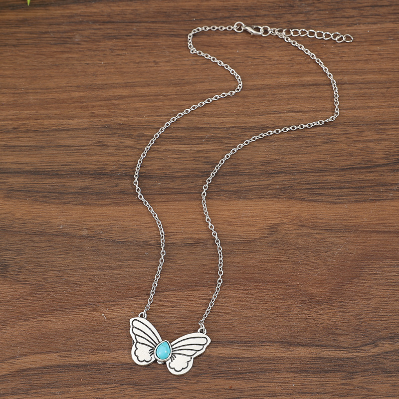 Silver Butterfly Turquoise Design Alloy Necklace | picture 