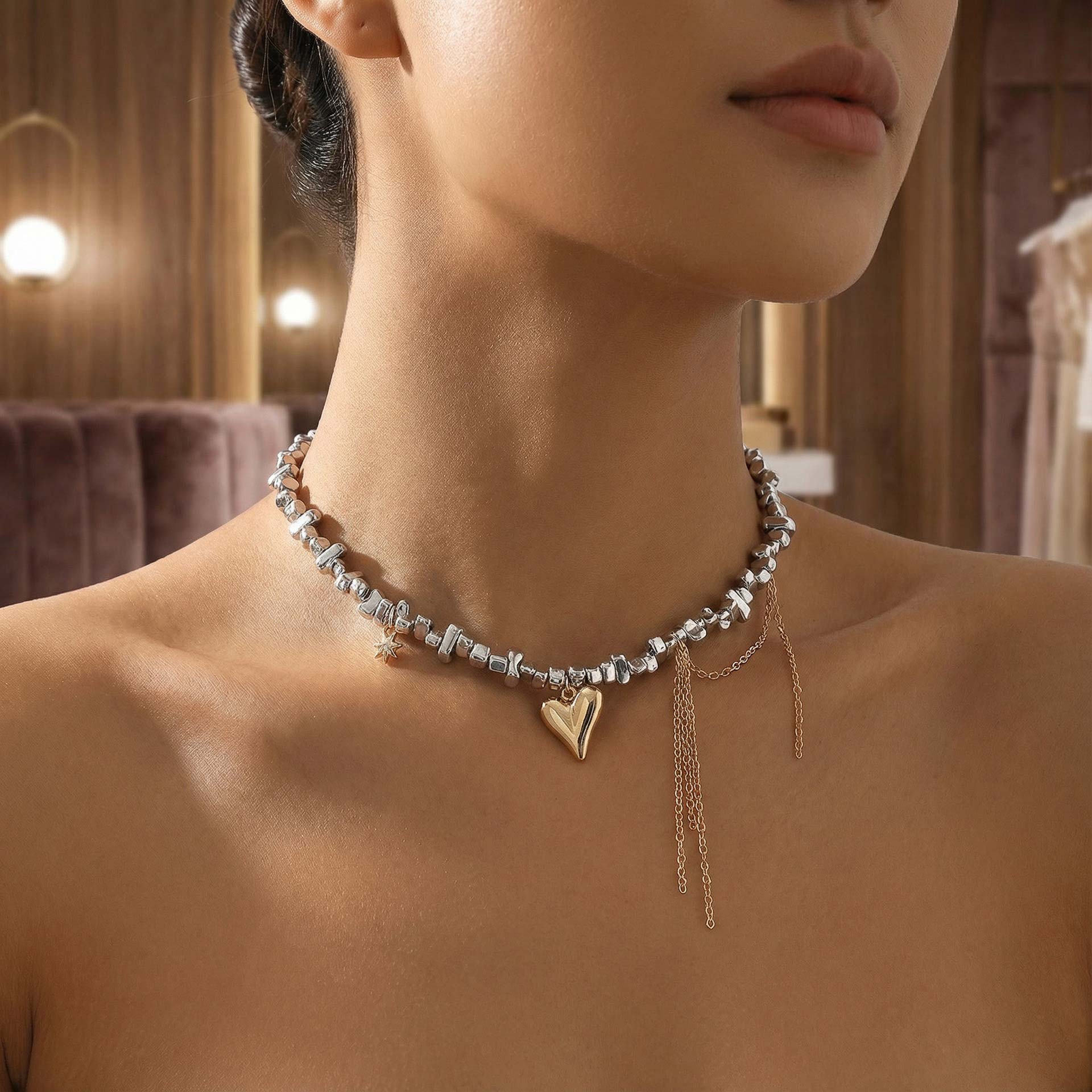 Silver Heart Irregular Tassel Alloy Necklace | picture 