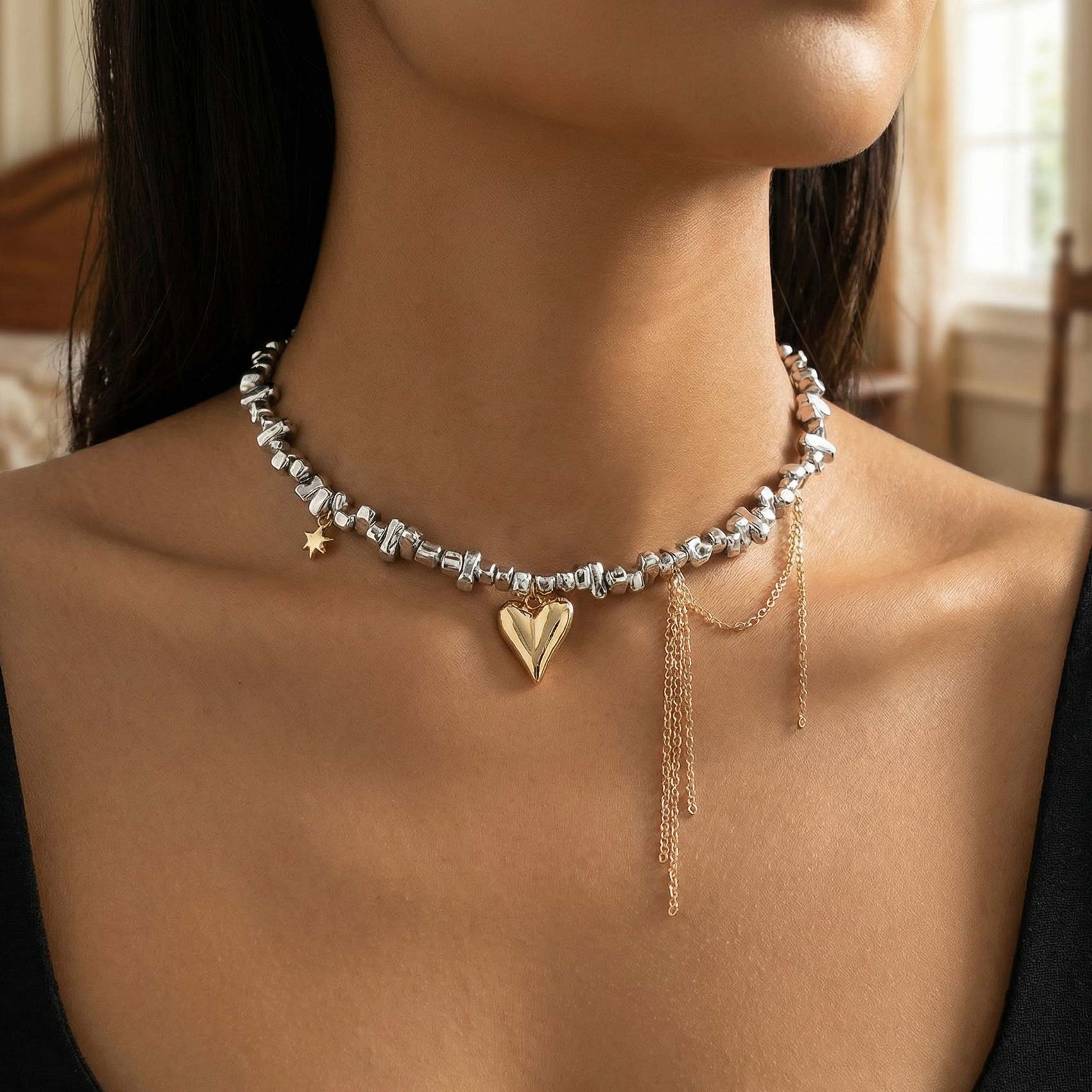 Silver Heart Irregular Tassel Alloy Necklace | picture 