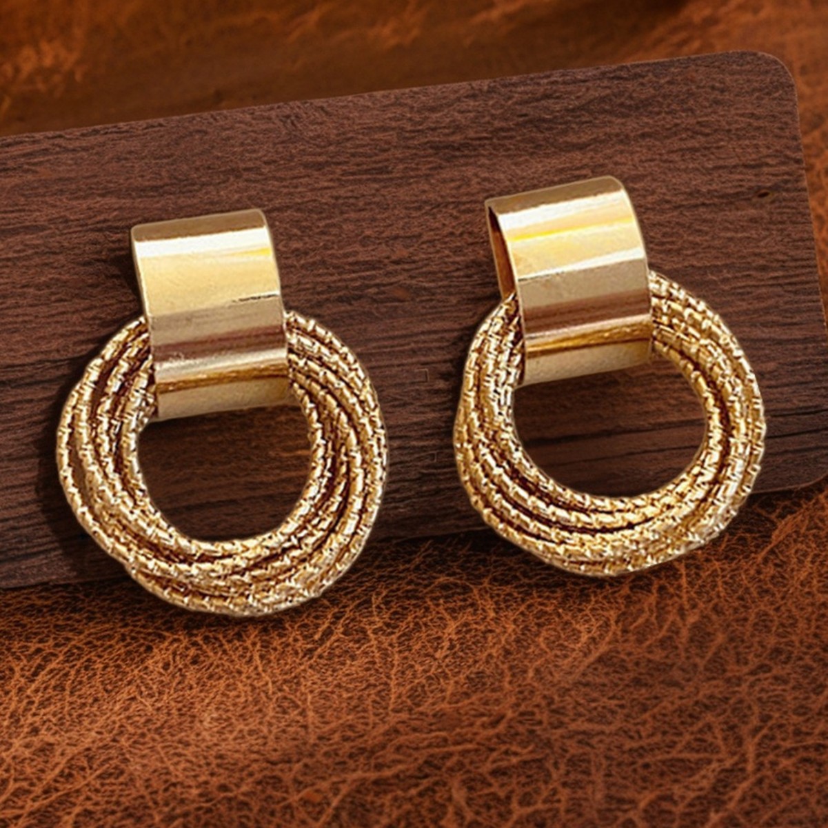 Golden Scrunchie Geometric Design Copper Earrings | picture 