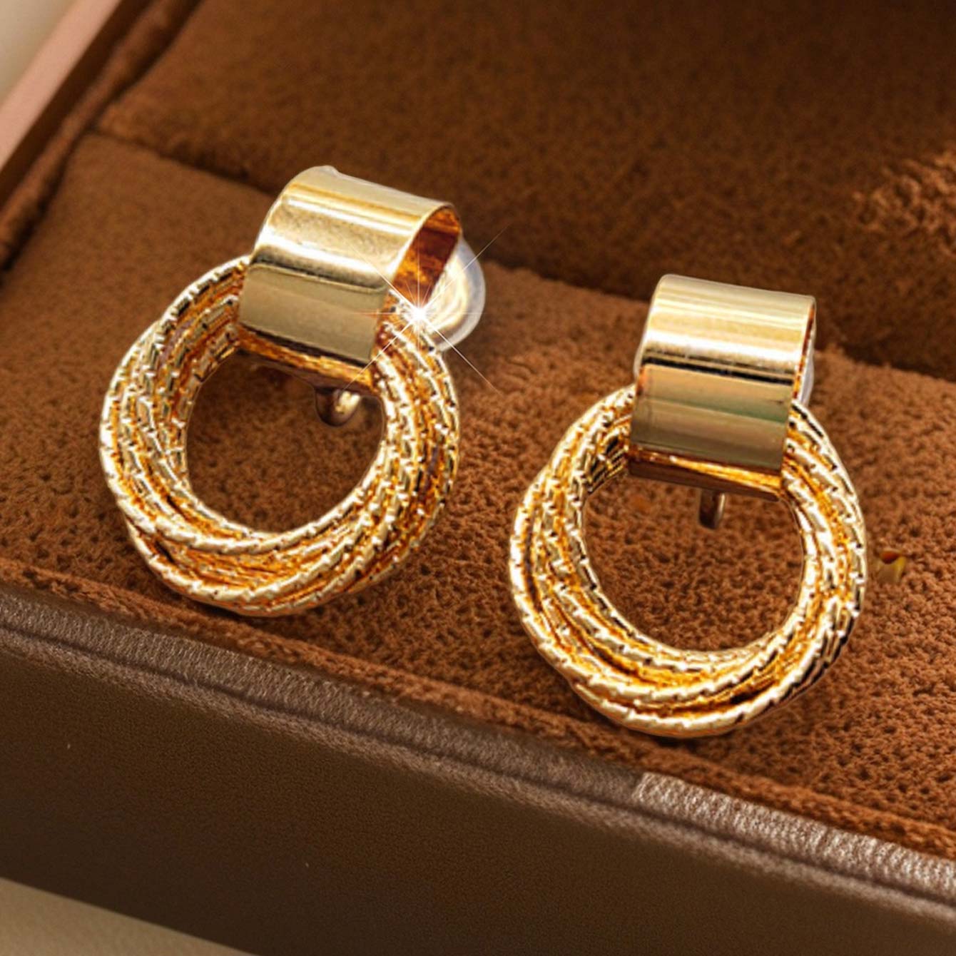 Golden Scrunchie Geometric Design Copper Earrings | picture 