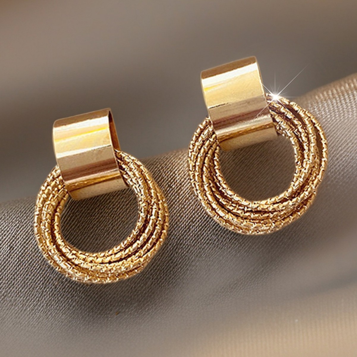Golden Scrunchie Geometric Design Copper Earrings | picture 