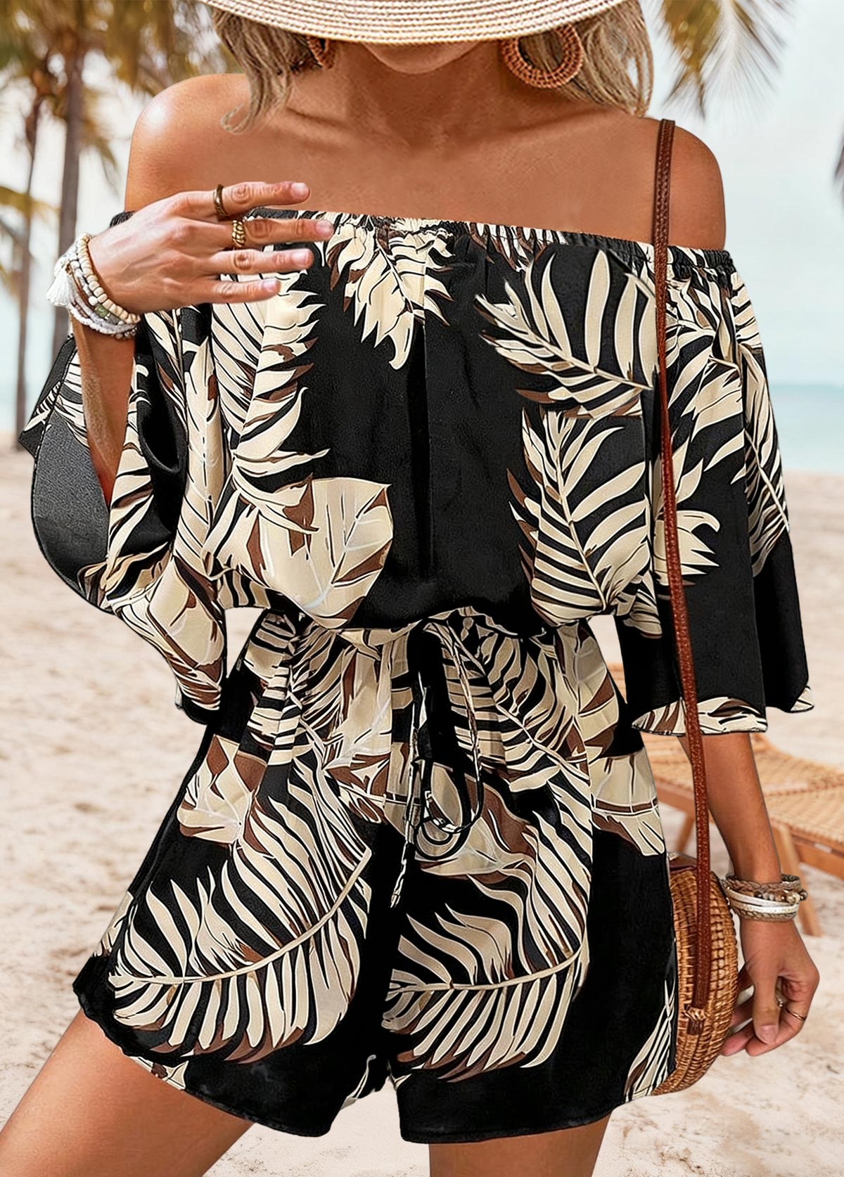 Black Lace Up Leaf Print Short Half Sleeve Romper | picture 