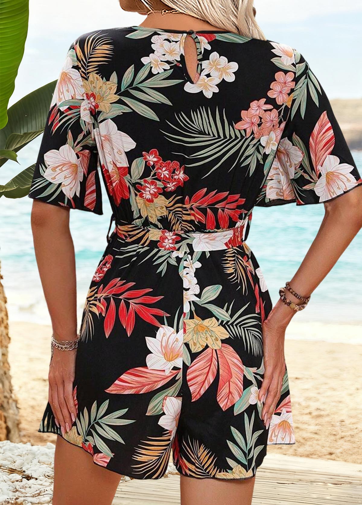 Black Surplice Floral Print Short Belted V Neck Romper | picture 