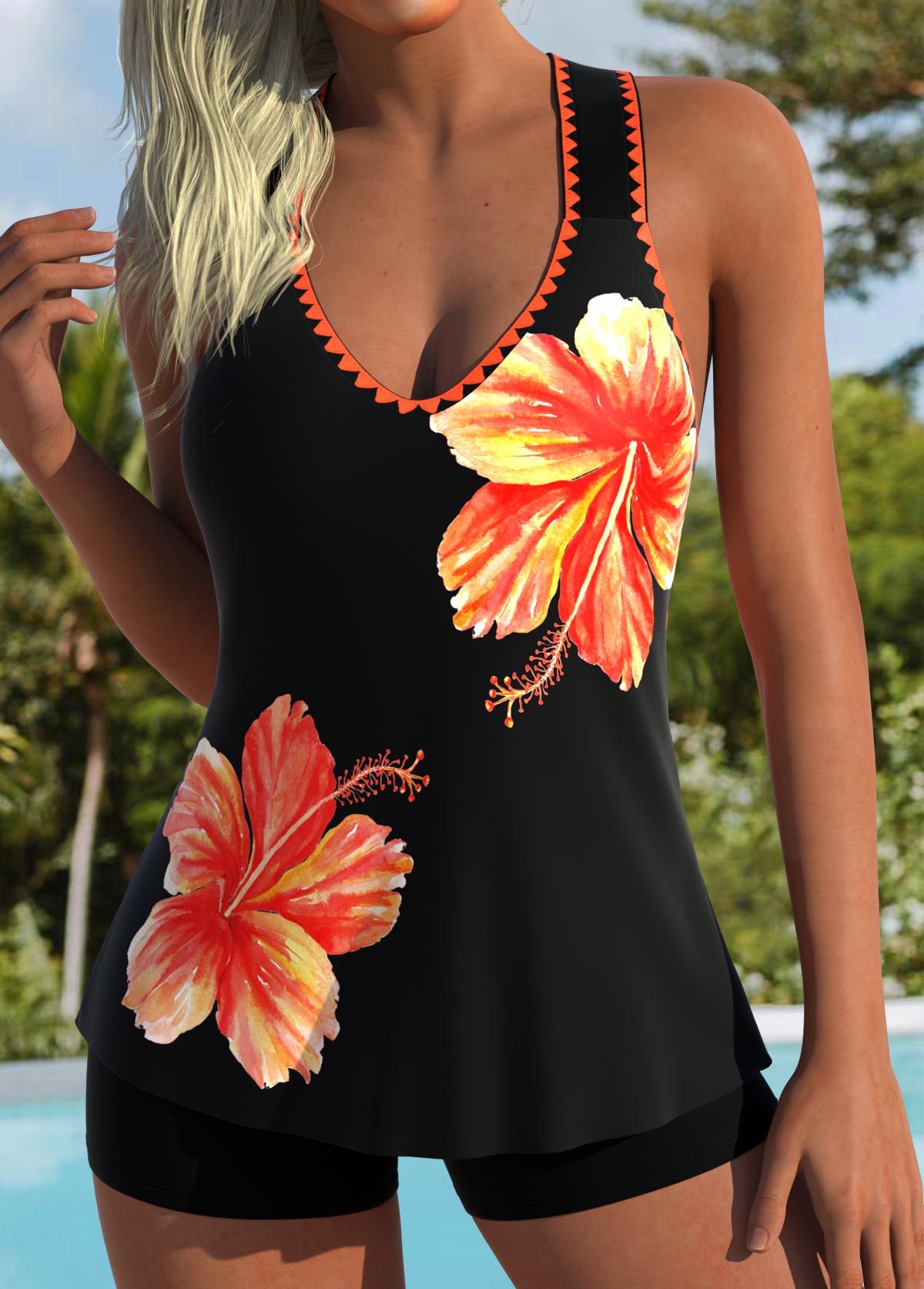 Tummy Coverage Mid Waisted Floral Print Orange Tankini Top-No Bottom | picture 