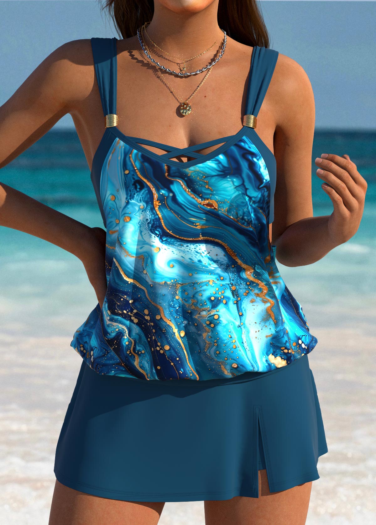 Lace Up Mid Waisted Marble Print Tankini Set | picture 