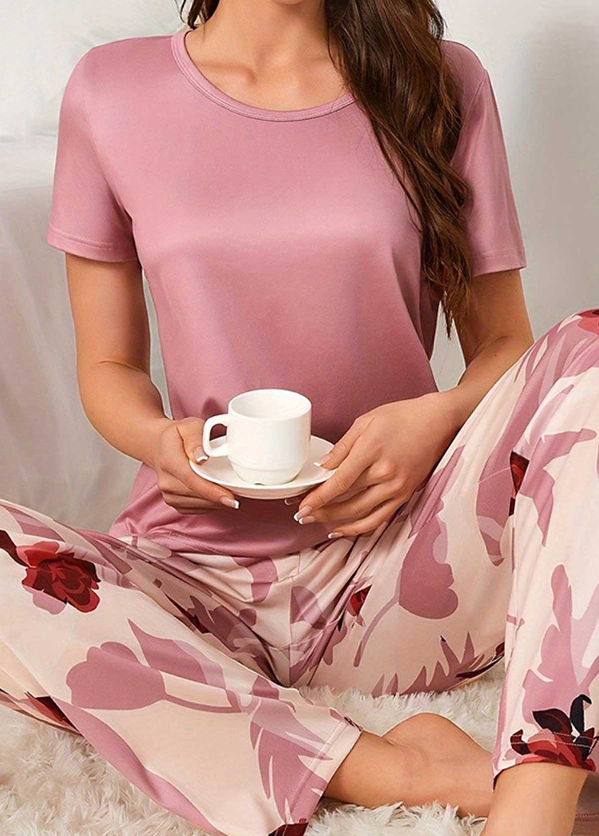 Pink Floral Print Short Sleeve Lounge Top and Pants | picture 