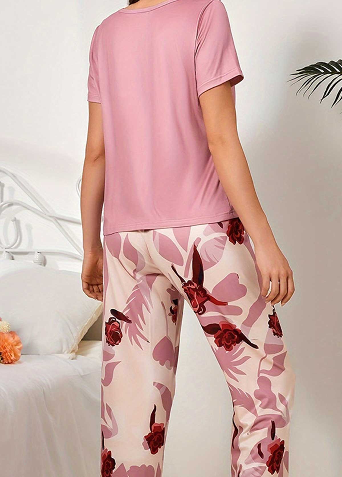 Pink Floral Print Short Sleeve Lounge Top and Pants | picture 