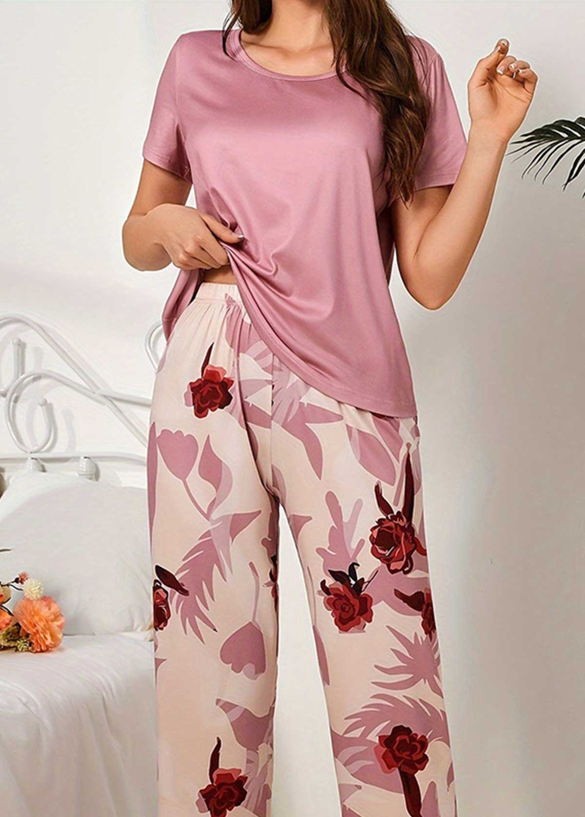 Pink Floral Print Short Sleeve Lounge Top and Pants | picture 