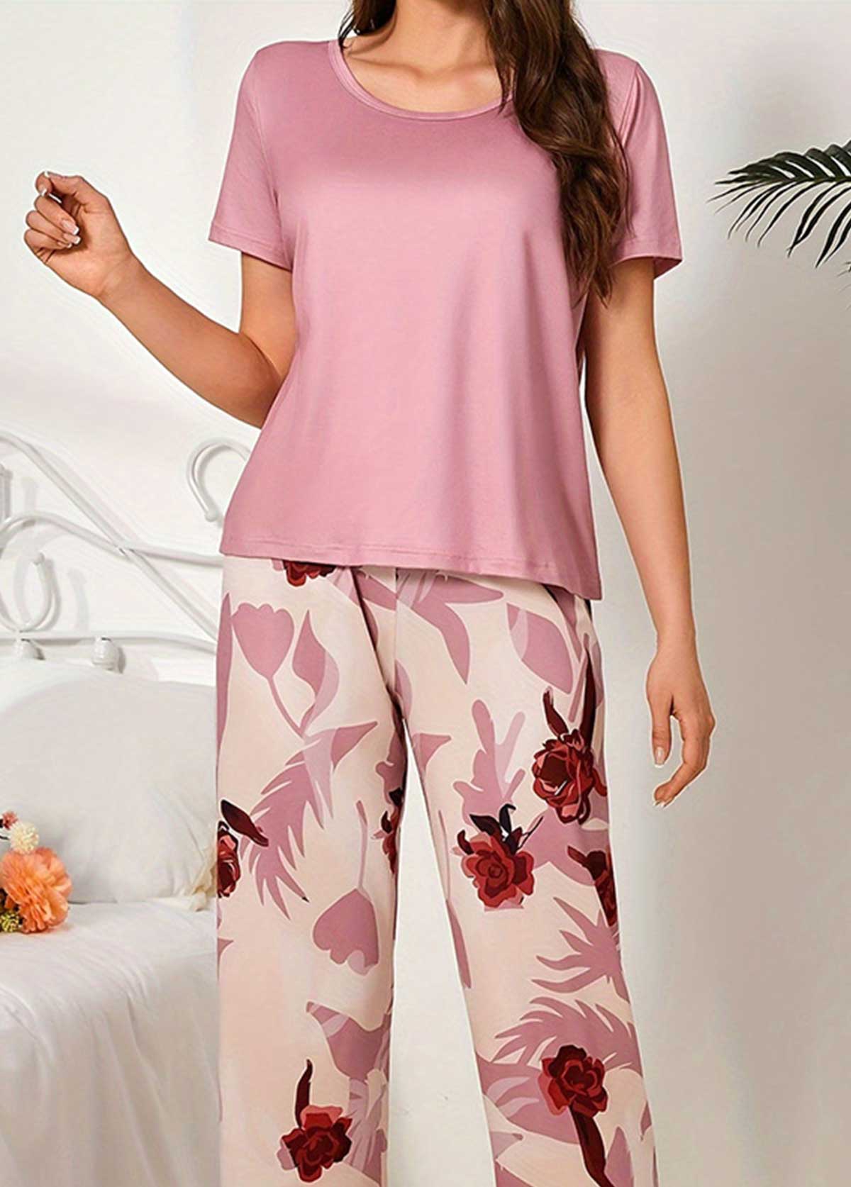 Pink Floral Print Short Sleeve Lounge Top and Pants | picture 