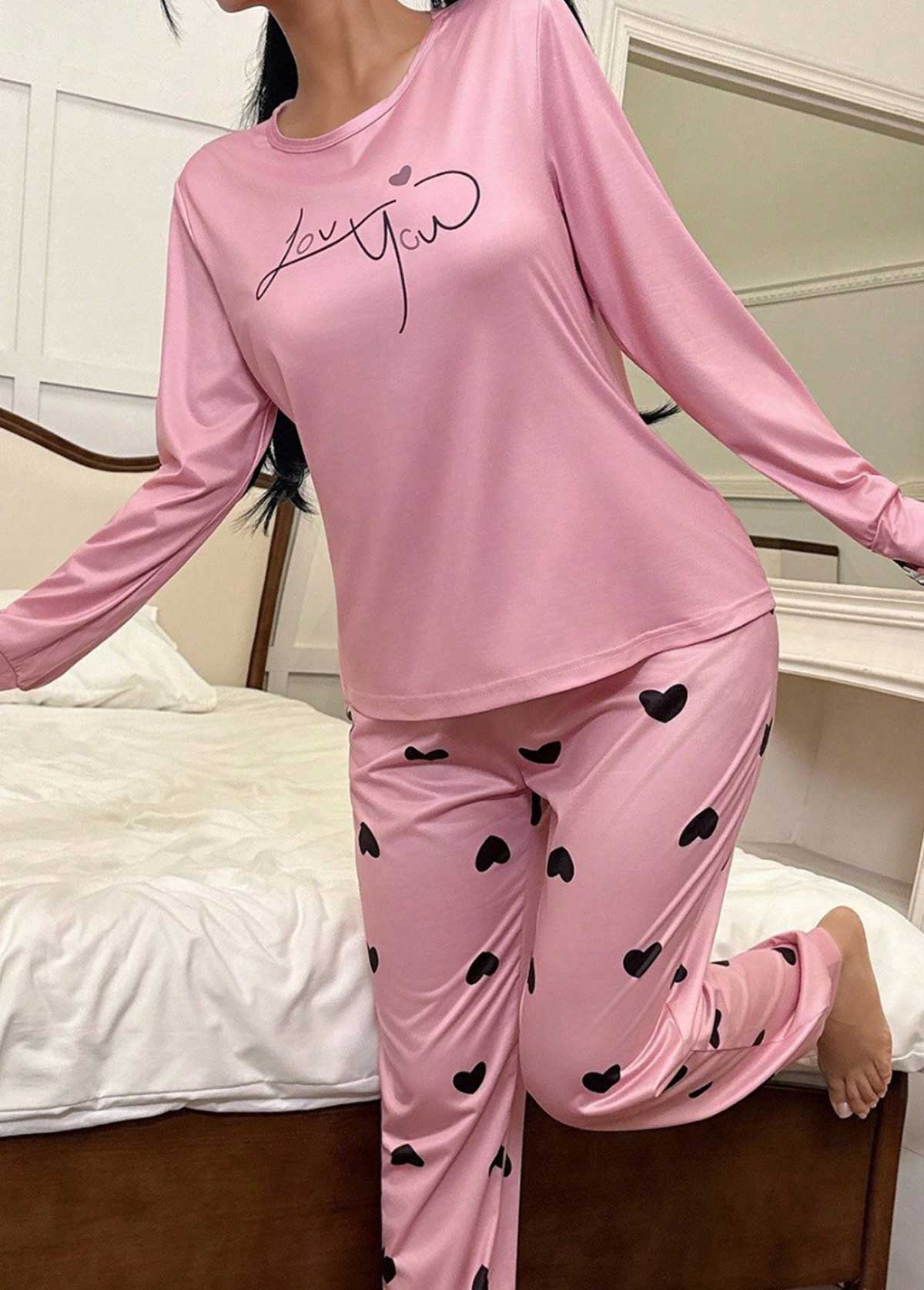 Pink Heart Print Long Sleeve Lounge Top and Pants | picture 