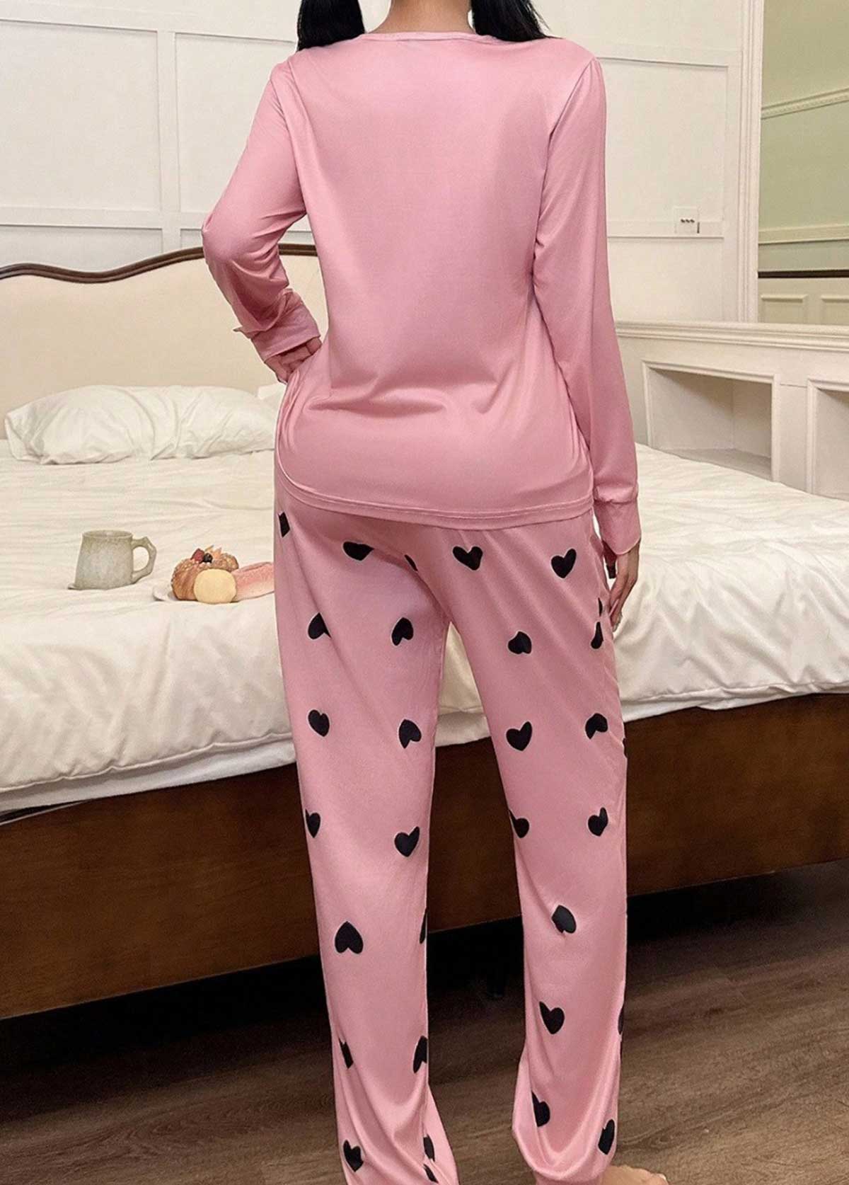 Pink Heart Print Long Sleeve Lounge Top and Pants | picture 