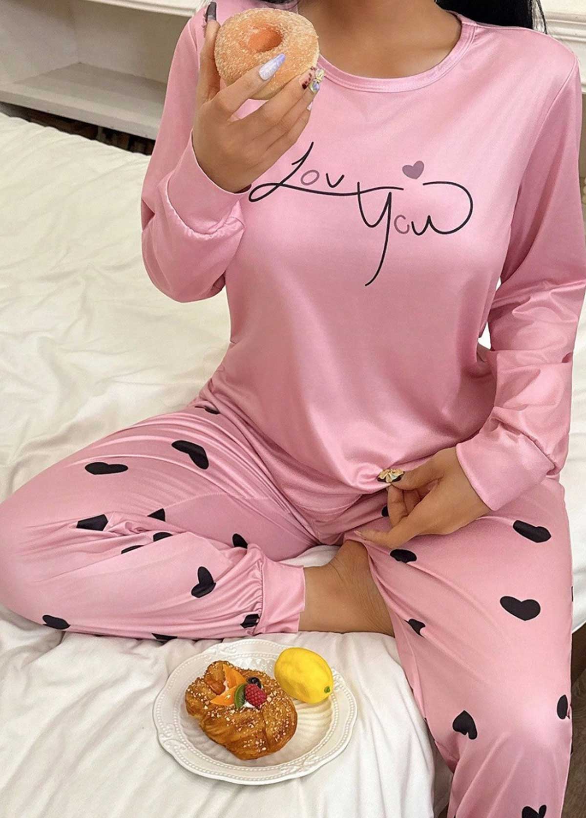 Pink Heart Print Long Sleeve Lounge Top and Pants | picture 