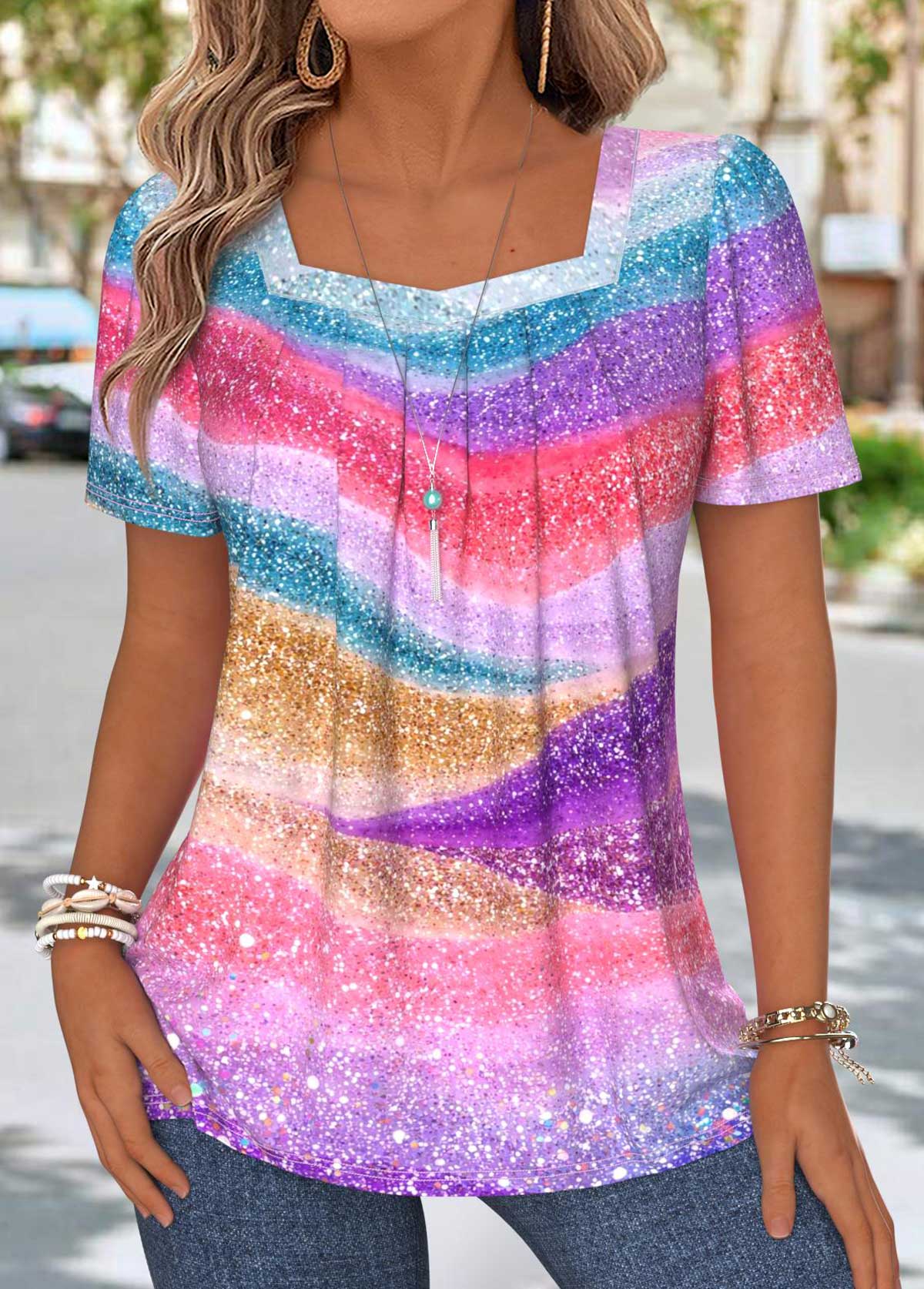 Multi Color Tummy Coverage Ombre Short Sleeve T Shirt | picture 