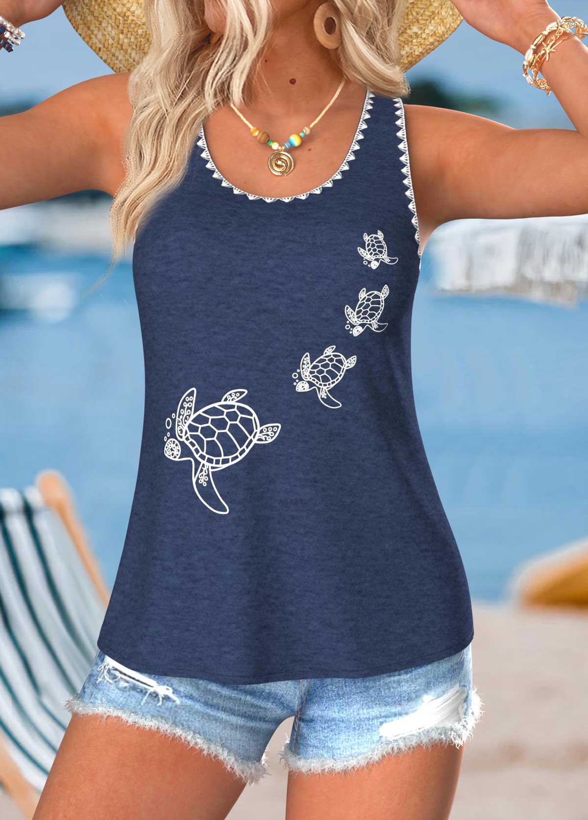 Navy Tummy Coverage Animal Print Sleeveless Tank Top | picture 