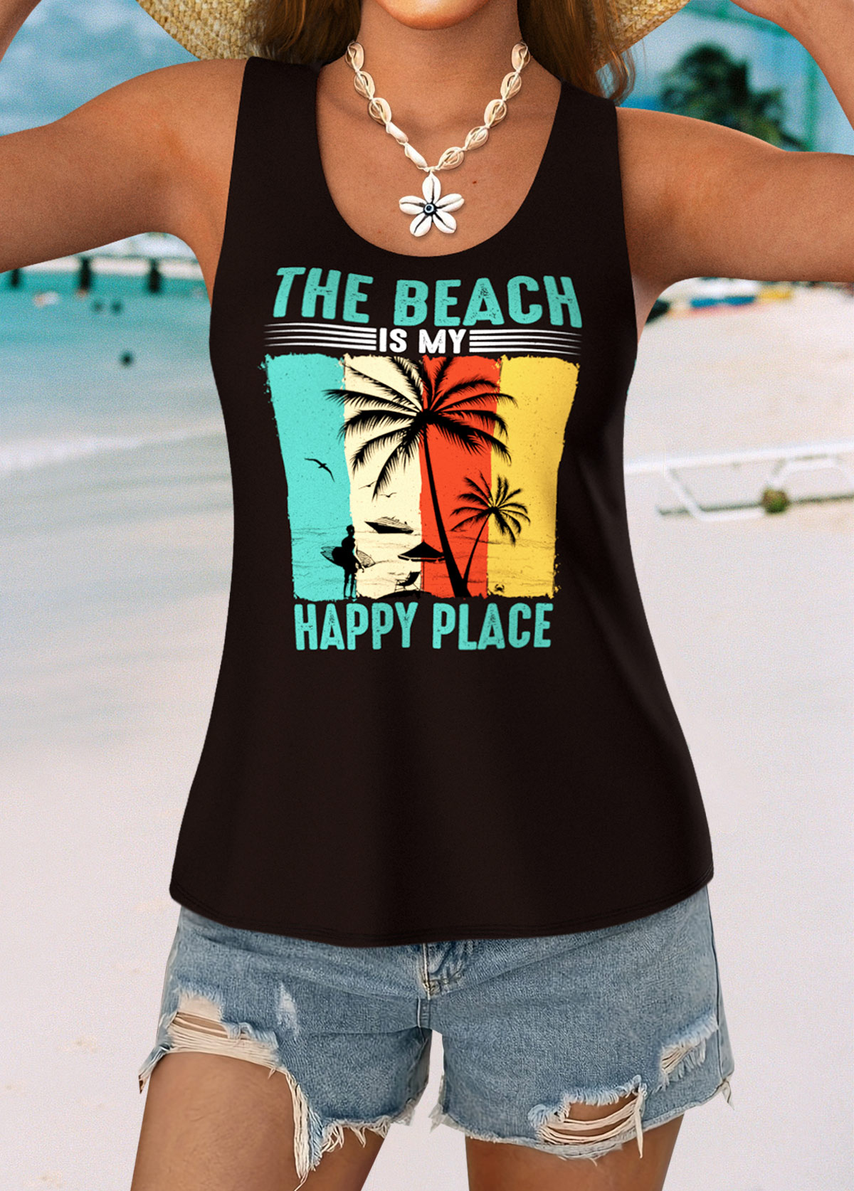 Black Curved Hem Tropical Plants Print Sleeveless Tank Top | picture 