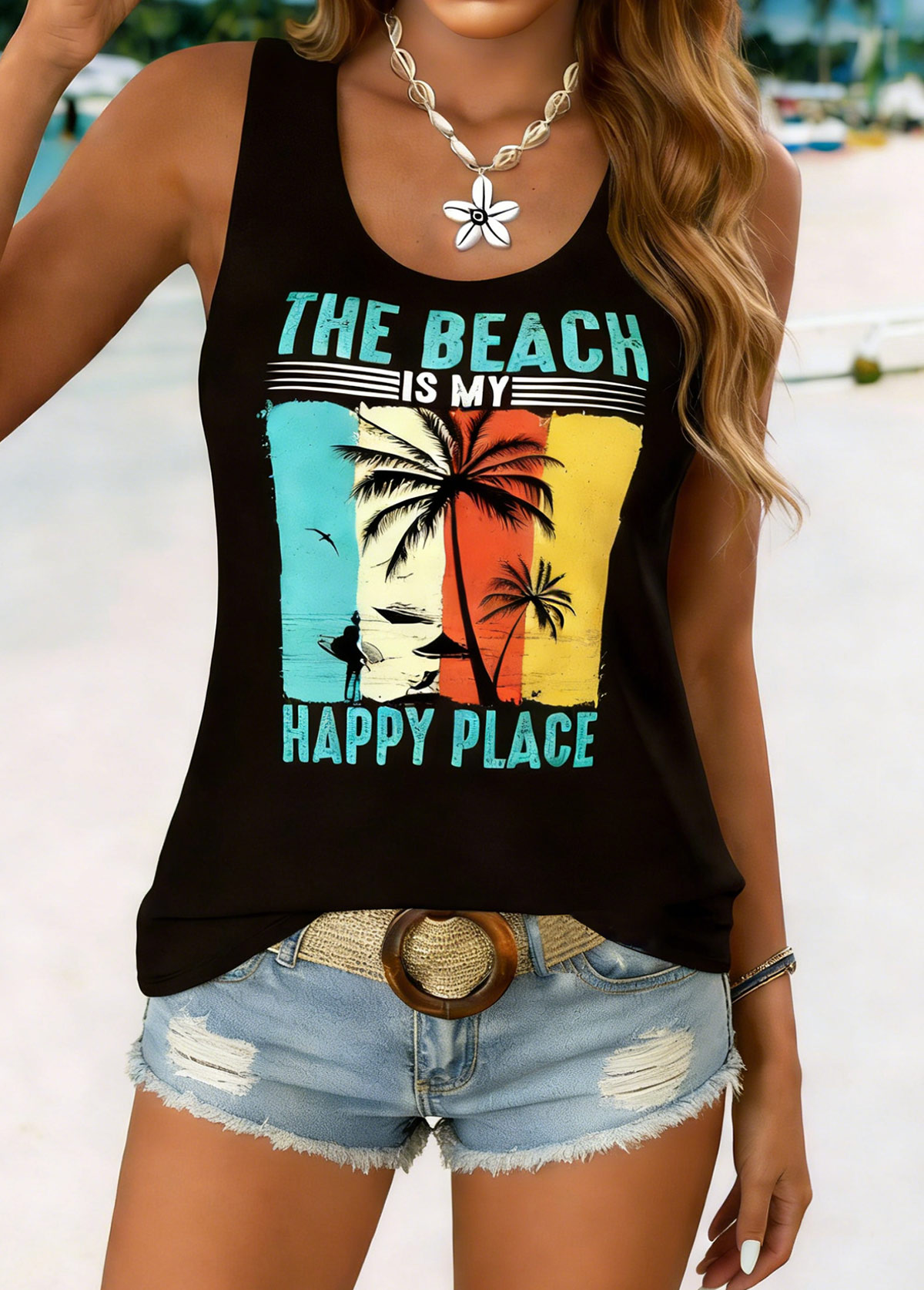 Black Curved Hem Tropical Plants Print Sleeveless Tank Top | picture 