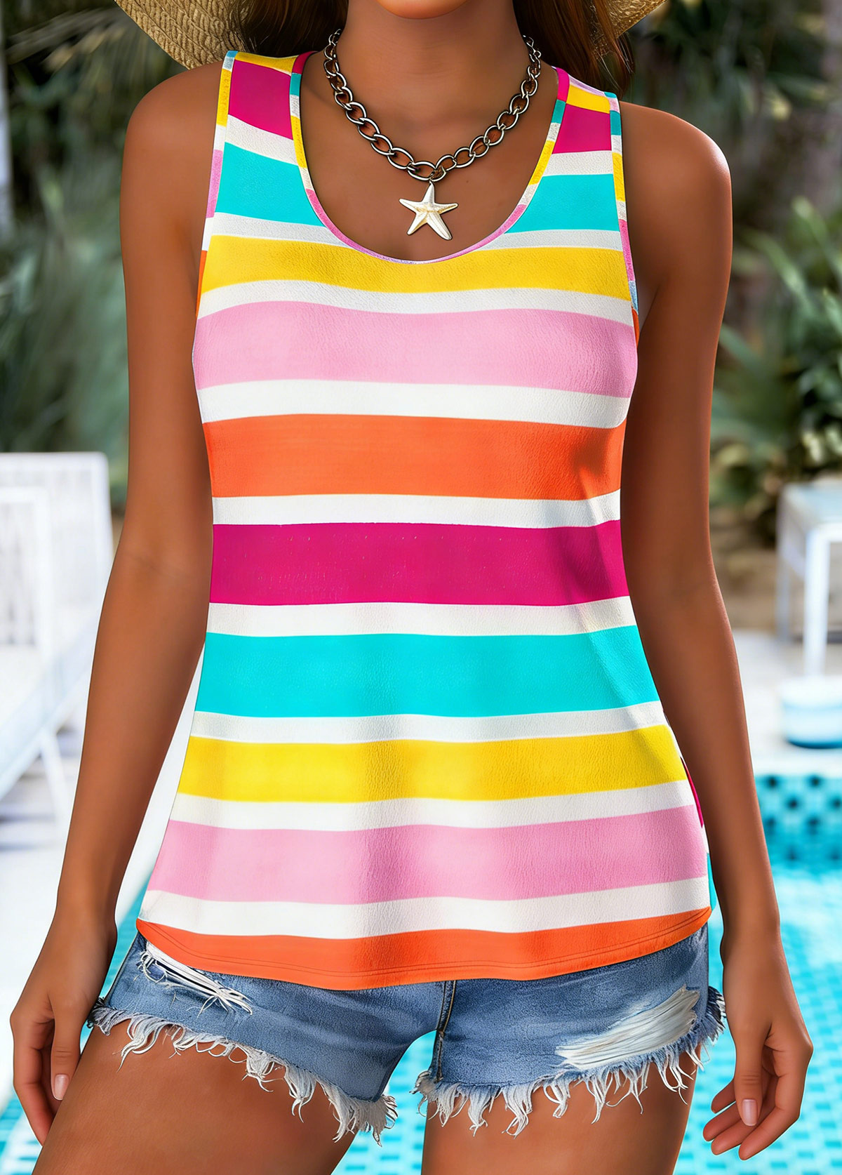 Multi Color Curved Hem Sleeveless Round Neck Tank Top | picture 