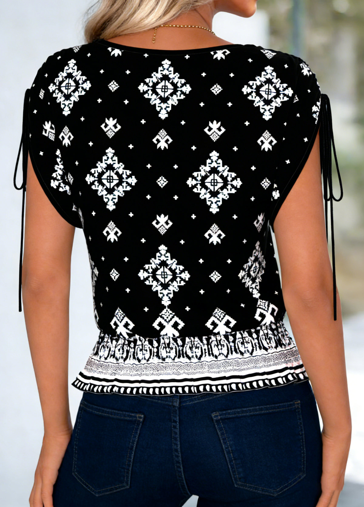 Black Ruffle Tribal Print Short Sleeve Round Neck Blouse | picture 