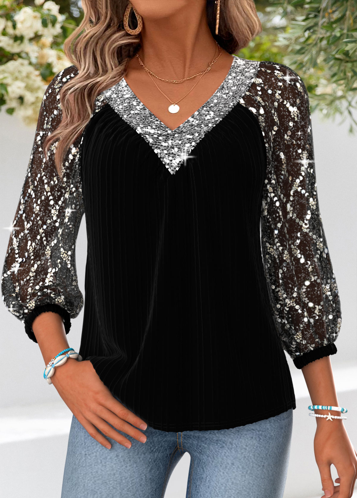 Black Curved Hem Long Sleeve V Neck Blouse | picture 