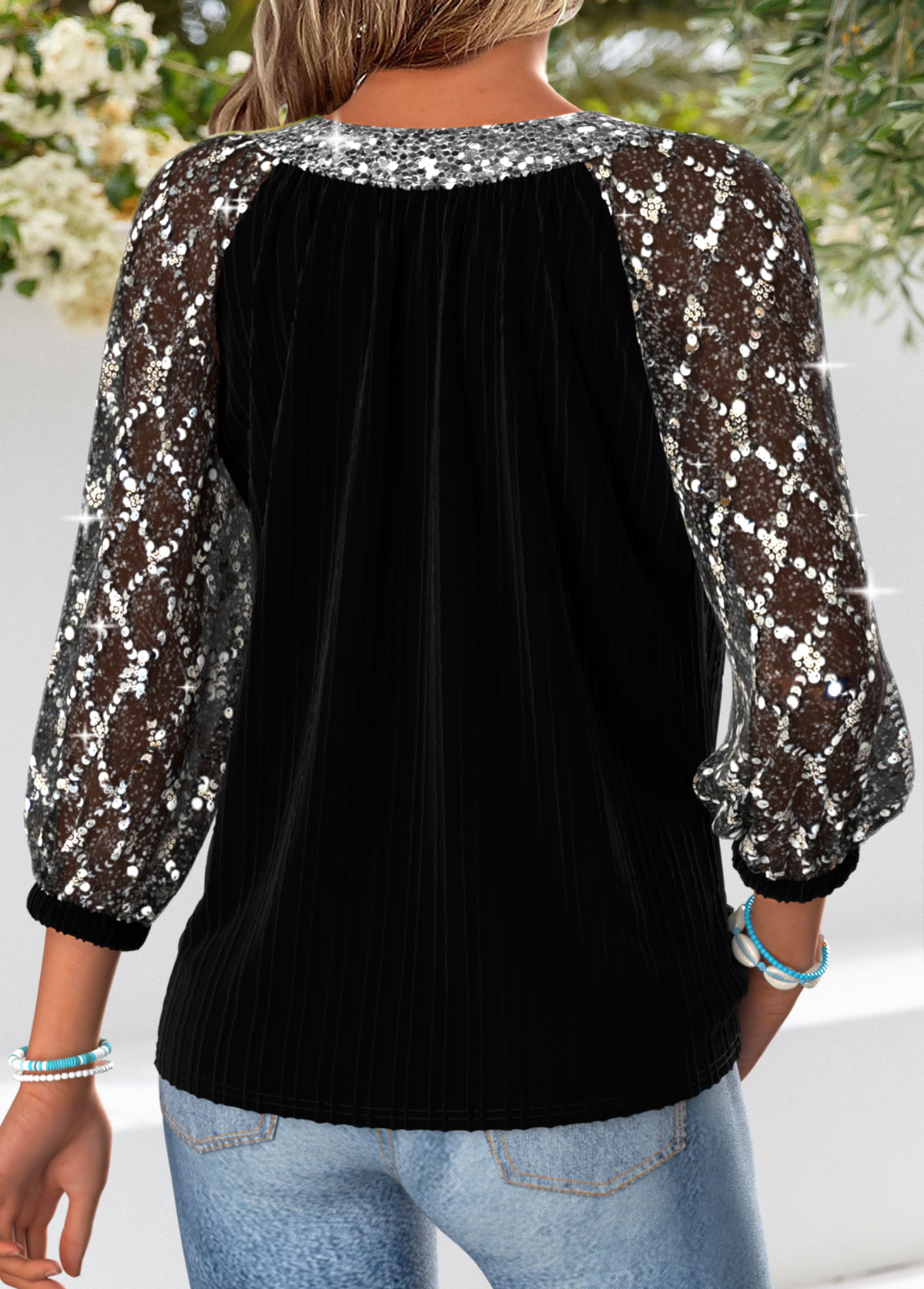 Black Curved Hem Long Sleeve V Neck Blouse | picture 