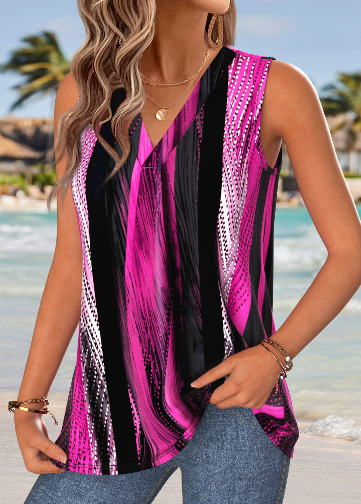 Multi Color Striped Sleeveless V Neck Tank Top | picture 